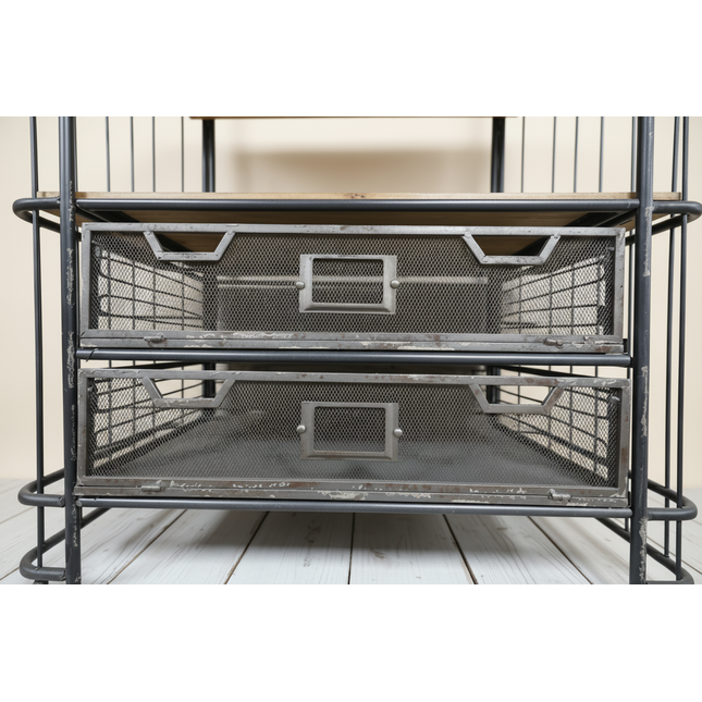Tall 4 tier caged metal & wood baker display shelves on wheels.