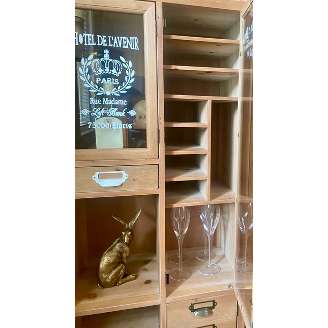 Tall slim rustic wood multi drawer storage display cabinet