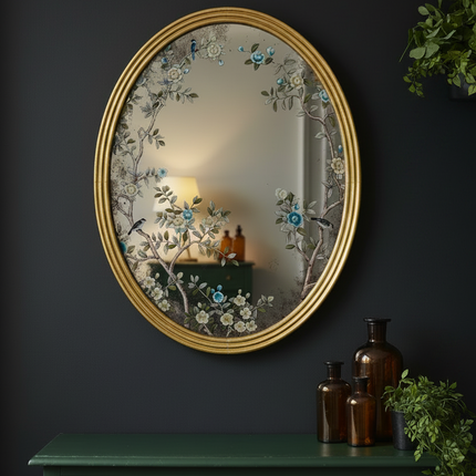 Gold oval botanical glass wall mirror UK - Elderflower Lane