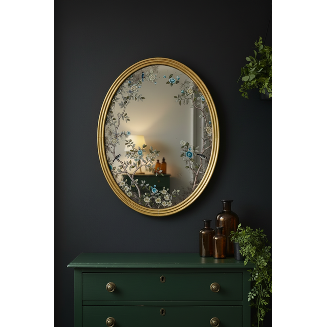 Gold oval botanical glass wall mirror UK - Elderflower Lane