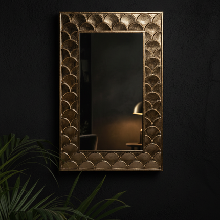 Antiqued Gold Rectangular Fish Scales Framed Wall Mirror H90cm