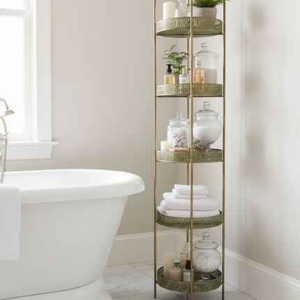 Gold bathroom  tall shelving Uk - Elderflower Lane