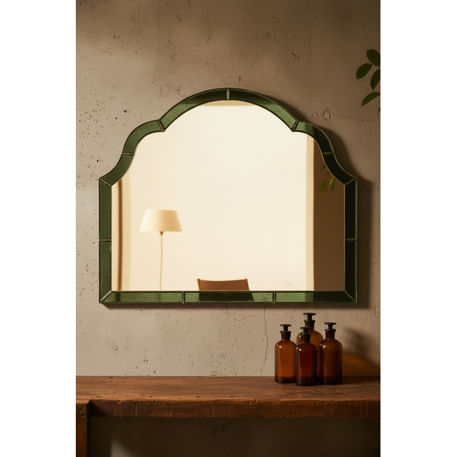 Green glass overmantle arched wall mirror - Elderflowerlane Uk