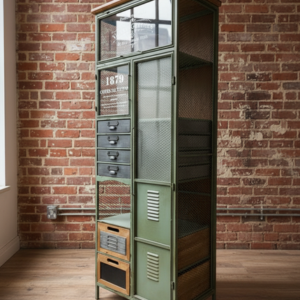 Green metal & Glass display storage cabinet