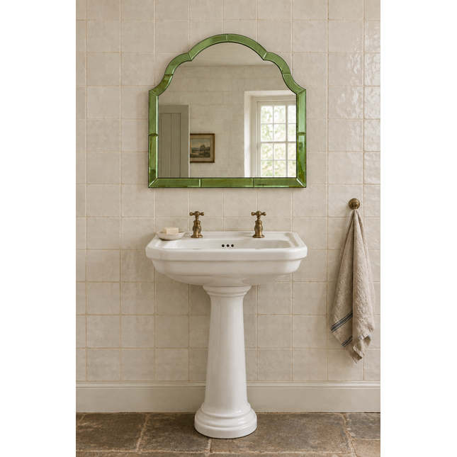 Green glass overmantle arched wall mirror - H50cm