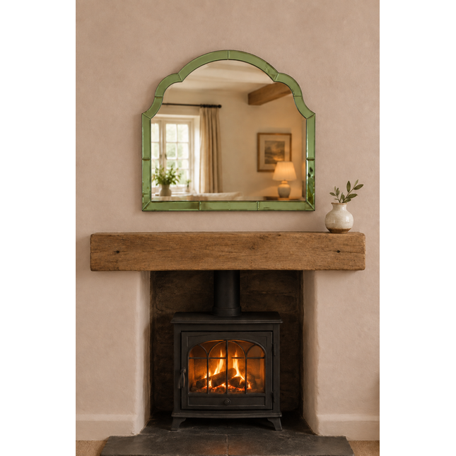 Green glass overmantle arched wall mirror - H50cm