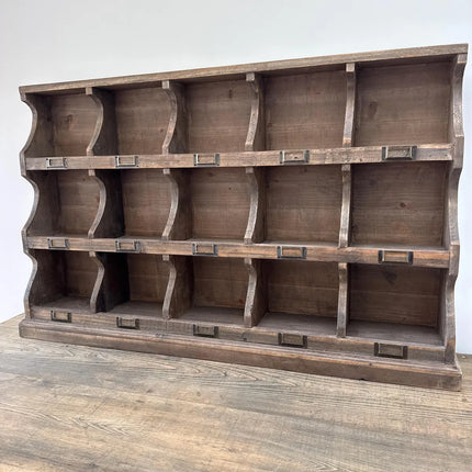 Rustic wood  multi compartment 15 pigeon hole wall storage cabinet