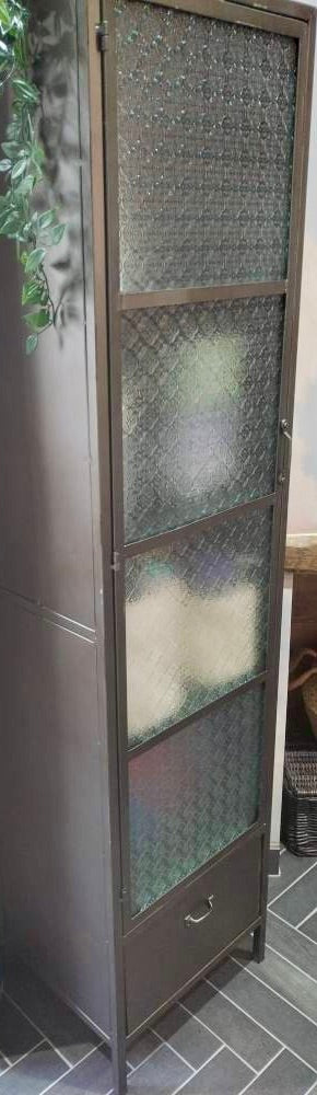 Tall slim metal & patterned glass retro storage display cabinet.