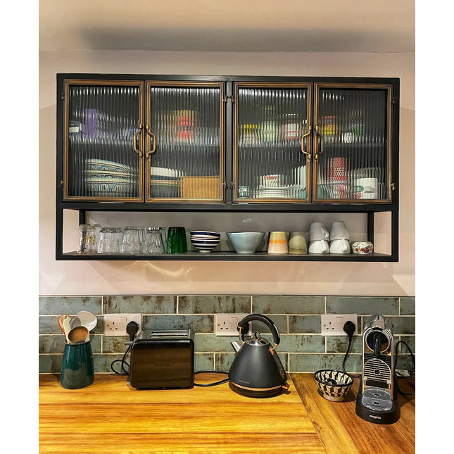 Black metal wide wall storage cabinet with ribbed glass double doors