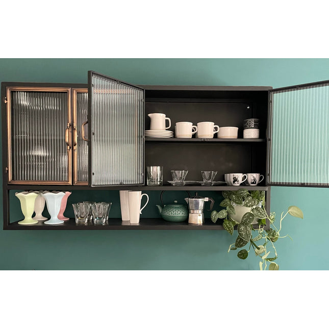 Black metal wide wall storage cabinet with ribbed glass double doors