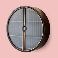 Big round black metal wall cabinet with ribbed glass double doors