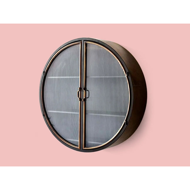 Big round black metal wall cabinet with ribbed glass double doors