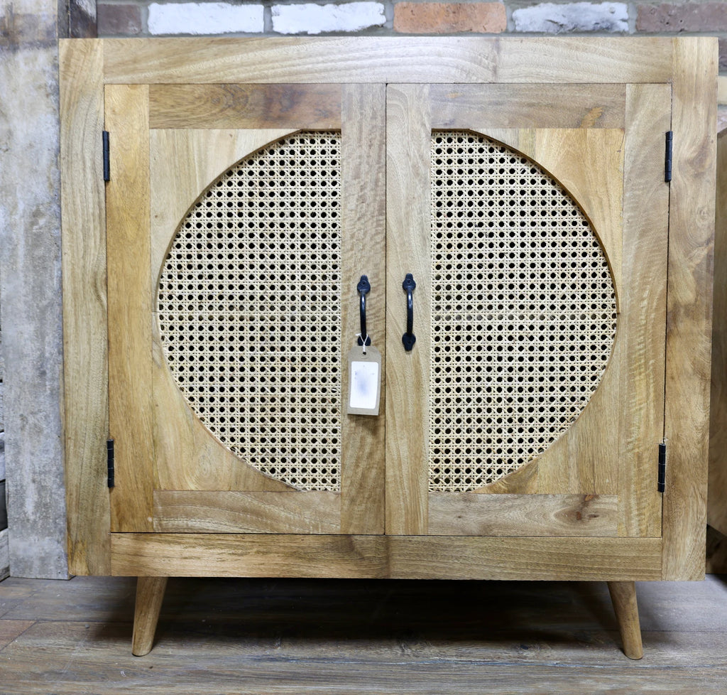 Rustic solid wood & rattan hand carved cabinet