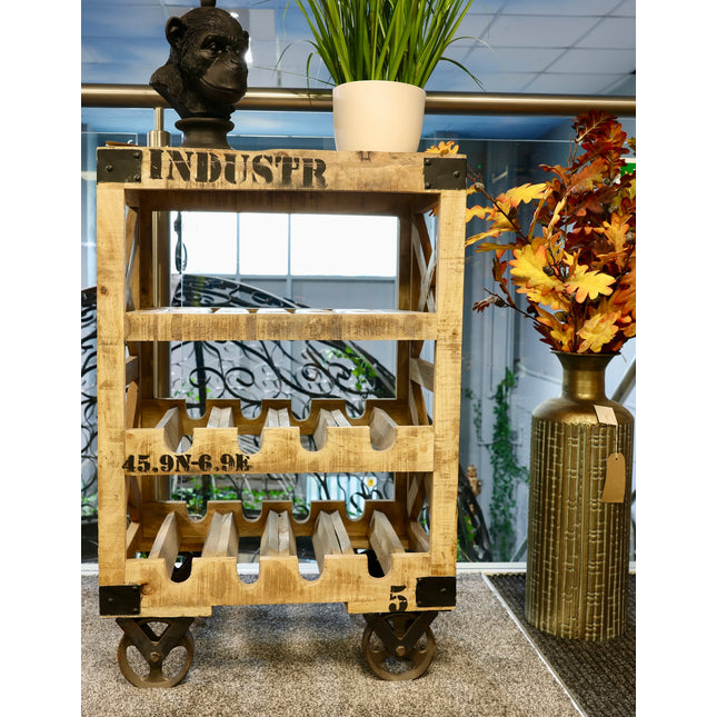 Rustic wood wine cabinet on wheels