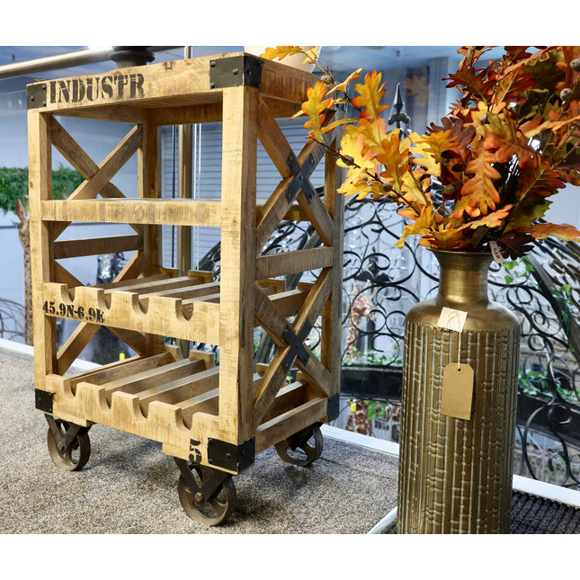 Rustic wood wine cabinet on wheels