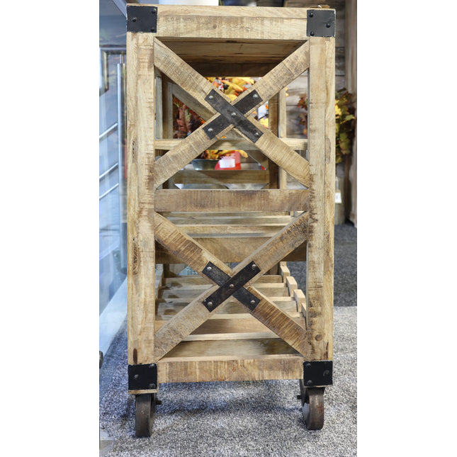 Rustic wood wine cabinet on wheels