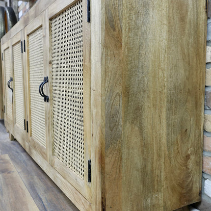 Large Rattan & Wood 4 Door Sideboard Cabinet 180cm