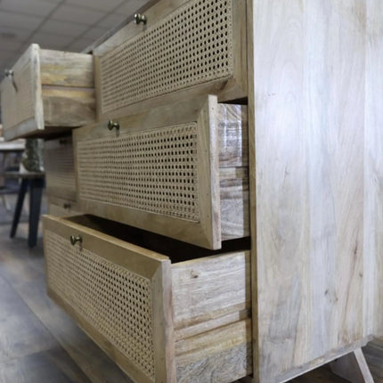 Wood & Rattan Chest of 6 Drawers — 150cm