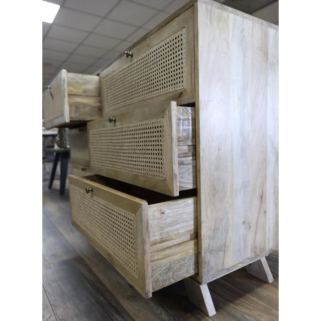 Wood & Rattan Chest of 6 Drawers — 150cm