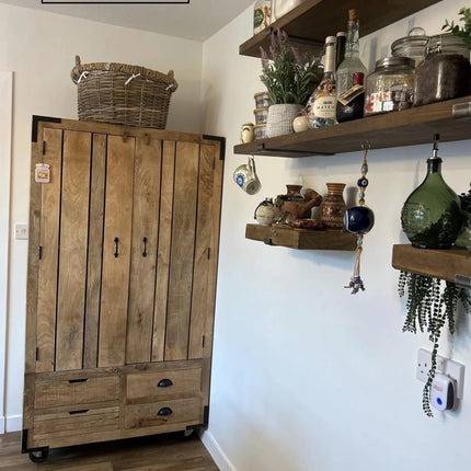Tall Rustic Wood Larder Cabinet On Wheels H180cm