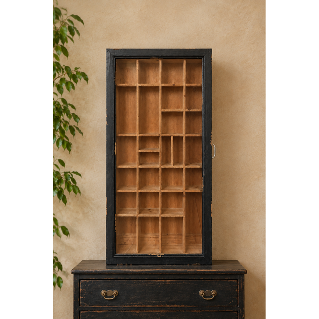 Black rustic wood multi compartment wall display cabinet - Elderflower Lane