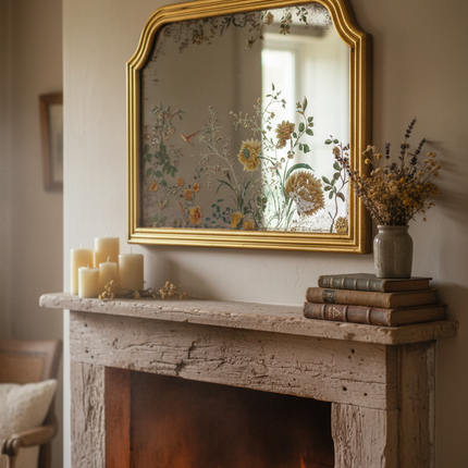 Gold overmantle mirror with botanical painted glass and ornate gold frame - Elderflower Lane