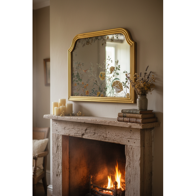 Gold overmantle mirror with botanical painted glass and ornate gold frame - Elderflower Lane