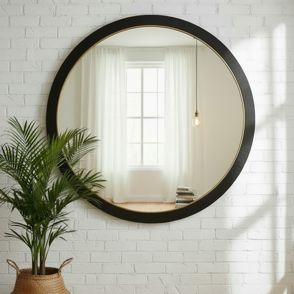 Giant round black and muted gold wall mirror 153cm against white brick wall with linen curtain reflection