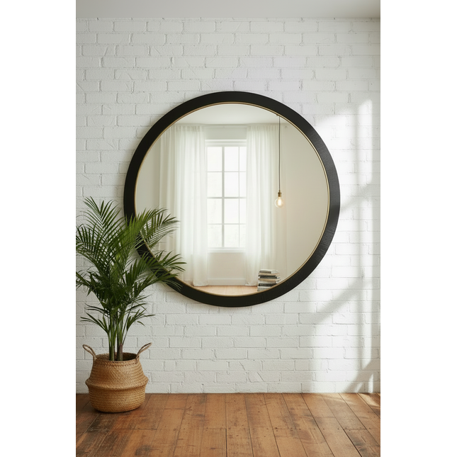 Giant round black and muted gold wall mirror 153cm against white brick wall with linen curtain reflection