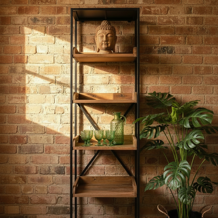 Tall Slim Black Iron & Wood Display 5 Shelf Unit - Elderflower Lane UK