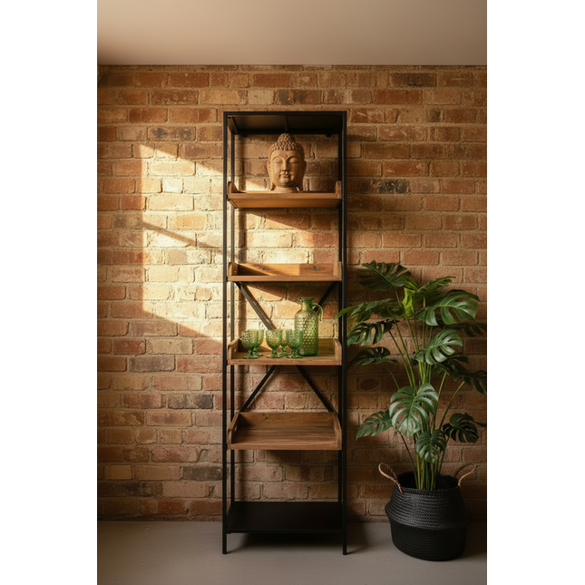 Tall Slim Black Iron & Wood Display 5 Shelf Unit - Elderflower Lane UK