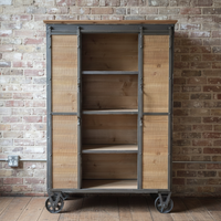Industrial storage cabinet with sliding doors open showing interior shelving and natural wood finish
