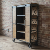 Industrial  rustic storage cabinet with sliding doors open showing interior shelving and natural wood finish