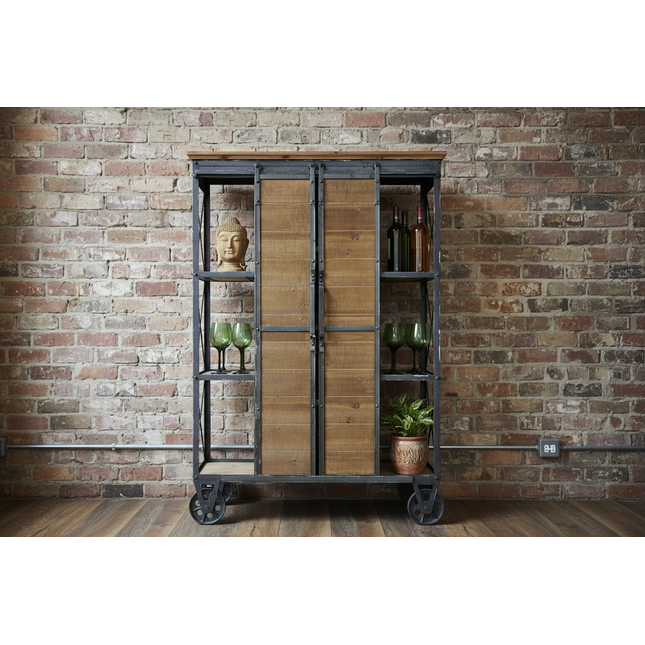 Rustic wood and metal storage cabinet with sliding  doors on industrial wheels 