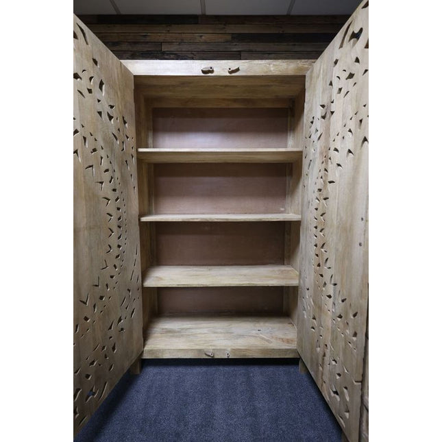 6ft tall ornate carved natural wood armoire storage cupboard