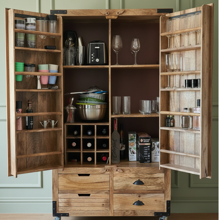 Tall Rustic Wood Larder Cabinet On Wheels H180cm