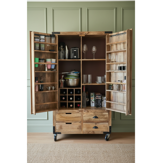 Tall Rustic Wood Larder Cabinet On Wheels H180cm