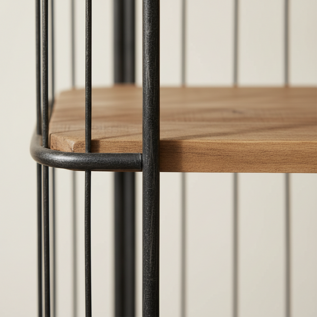 Tall 4 tier caged metal & wood baker display shelves on wheels.