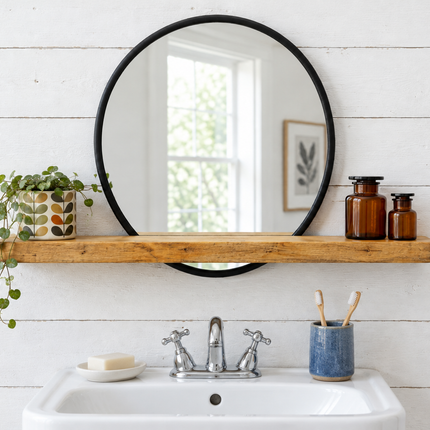 Black round mirror with rustic wood shelf - Elderflower Lane