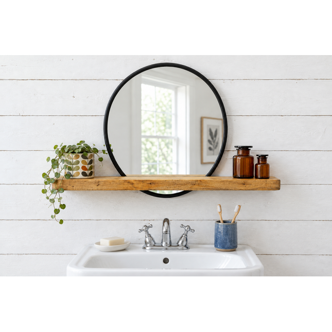 Black round mirror with rustic wood shelf - Elderflower Lane