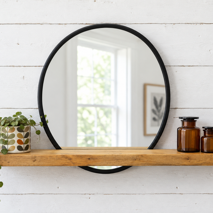 Black round mirror with rustic wood shelf - Elderflower Lane