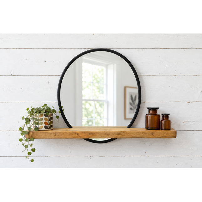 Black round mirror with rustic wood shelf - Elderflower Lane