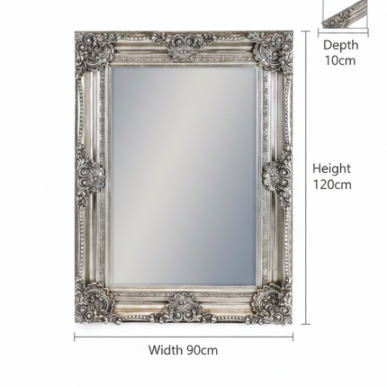 Large Silver Ornate Baroque Wall Mirror | H120cm × W90cm