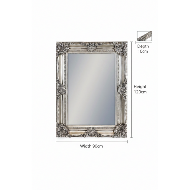 Large Silver Ornate Baroque Wall Mirror | H120cm × W90cm