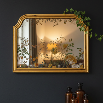 Gold overmantle mirror with botanical painted glass and ornate gold frame - Elderflower Lane
