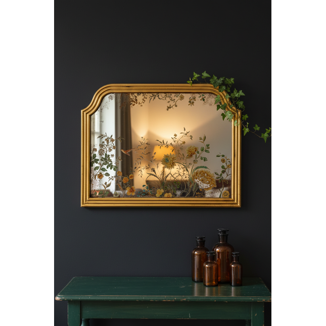 Gold overmantle mirror with botanical painted glass and ornate gold frame - Elderflower Lane

