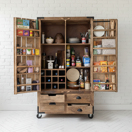 Tall Rustic Wood Larder Cabinet On Wheels H180cm