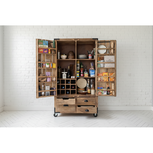 Tall Rustic Wood Larder Cabinet On Wheels H180cm