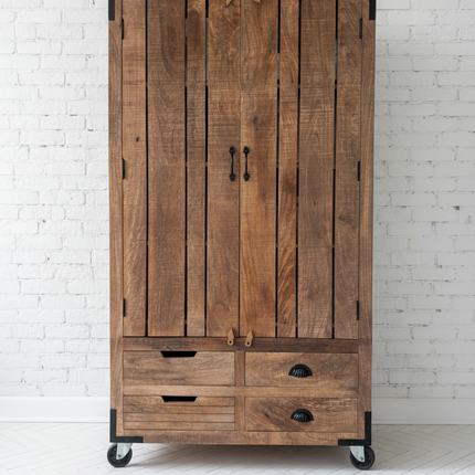 Tall Rustic Wood Larder Cabinet On Wheels H180cm