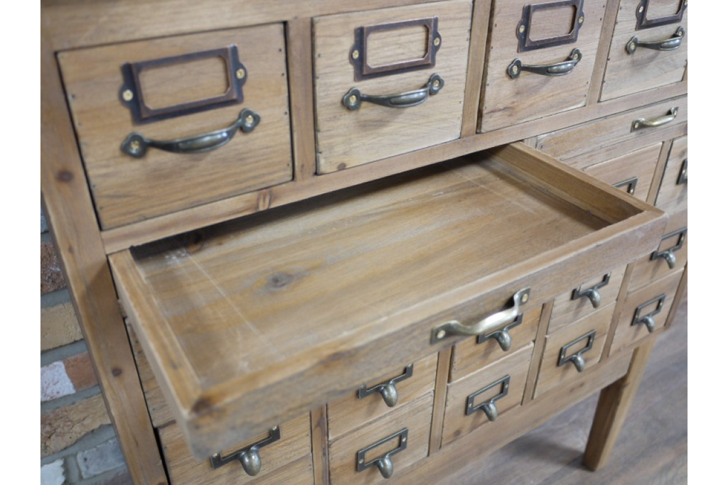 Rustic multi drawer wooden storage cabinet.